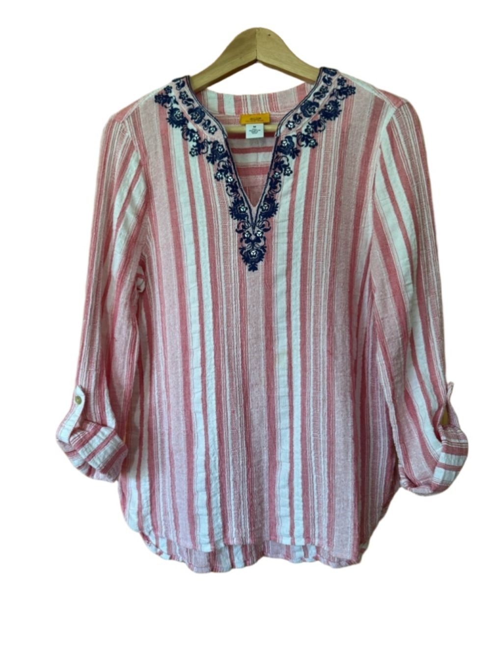 Ruby Rd. Embroidered Sequin Trim Striped V-Neck Tunic size medium
